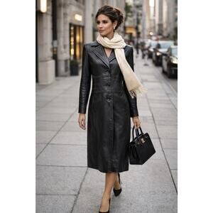 Nine West Y2K Vintage Black Leather Trench Coat Sz S Moto Preppy Rockabilly